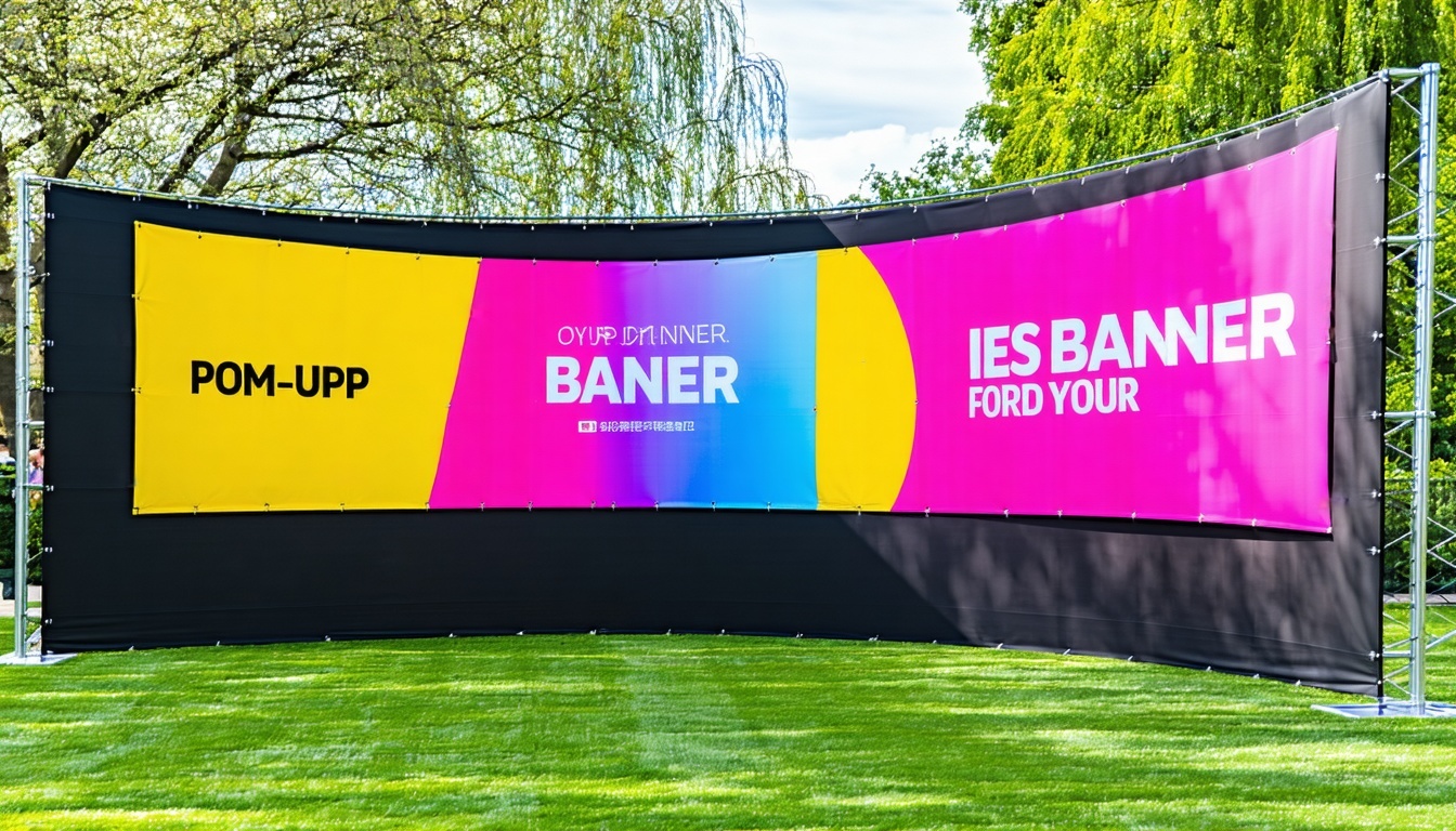 Vibrant pop-up banner and promotional signage at an event