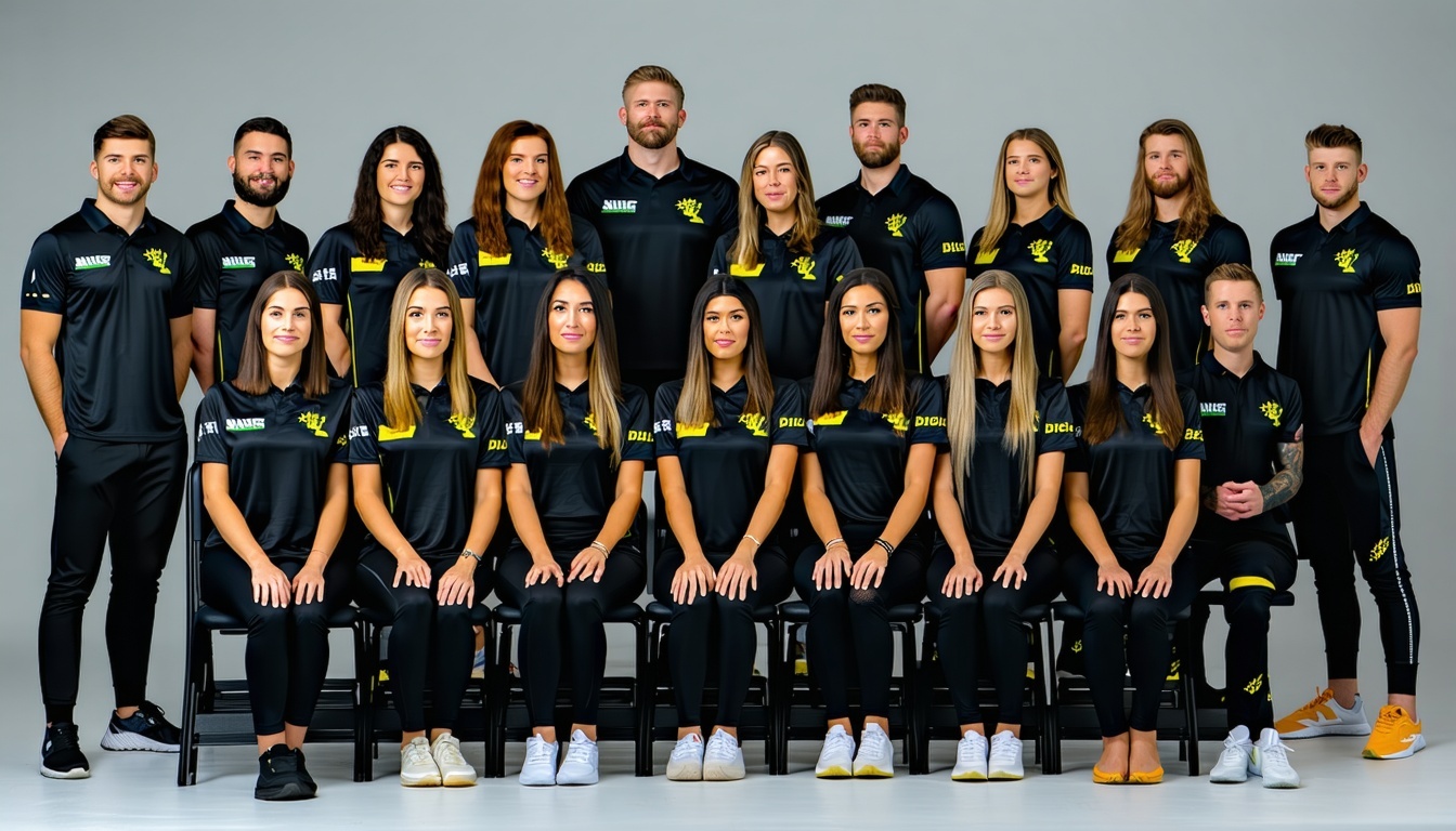 Group of people wearing matching branded team shirts