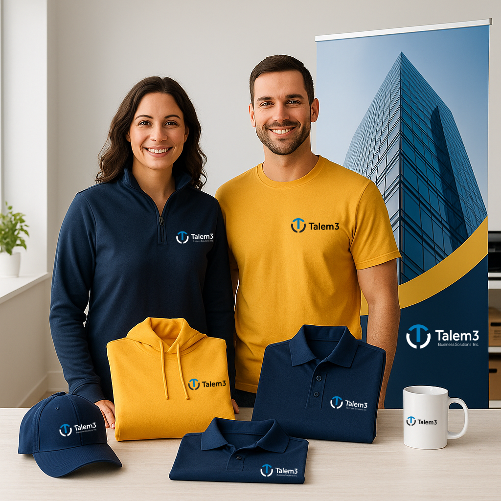 Two smiling team members standing in a modern workspace behind a table of blank custom-branded apparel and promo products, including a navy cap, gold hoodie, polo shirt, mug, and a roll-up banner featuring the Talem3 Business Solutions logo Two smiling team members standing in a modern workspace behind a table of blank custom-branded apparel and promo products, including a navy cap, gold hoodie, polo shirt, mug, and a roll-up banner featuring the Talem3 Business Solutions logo